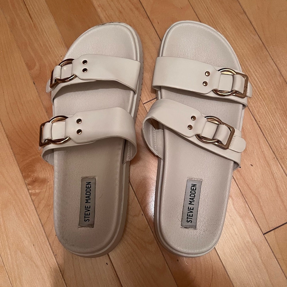 Steve Madden Off-White Slide Sandals with Gold Buckles